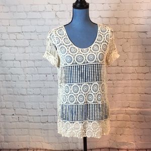 Phase One Top Ivory Lace Scoop Neck Short Sleeve Medium
